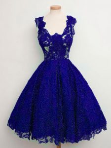 Knee Length Lace Up Dama Dress for Quinceanera Blue for Prom and Party and Wedding Party with Lace
