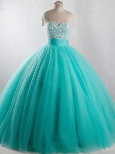Clearance Turquoise Sleeveless Floor Length Beading Lace Up Sweet 16 Dress