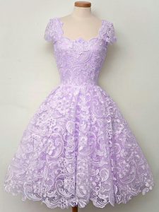 Smart Lavender Lace Up Court Dresses for Sweet 16 Lace Cap Sleeves Knee Length
