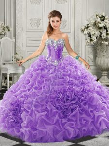 Amazing Lavender Ball Gowns Beading and Ruffles Sweet 16 Quinceanera Dress Lace Up Organza Sleeveless