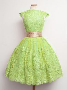 Yellow Green Cap Sleeves Lace Lace Up Quinceanera Court Dresses for Prom and Party and Wedding Party
