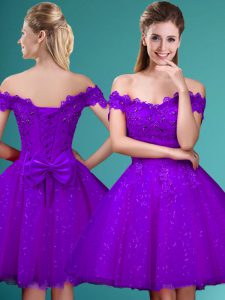 Trendy Eggplant Purple Lace Up Quinceanera Dama Dress Lace and Belt Cap Sleeves Knee Length