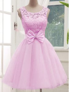 Sumptuous Lilac Sleeveless Lace and Bowknot Knee Length Quinceanera Court Dresses