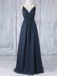 Decent Floor Length Navy Blue Dama Dress Spaghetti Straps Sleeveless Backless