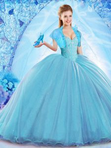 Baby Blue Lace Up Off The Shoulder Beading Ball Gown Prom Dress Organza Sleeveless Sweep Train