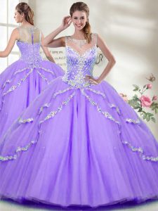 High Class Ball Gowns Quinceanera Dress Lavender Scoop Tulle Sleeveless Floor Length Zipper