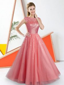 Affordable Watermelon Red Sleeveless Beading and Lace Floor Length Quinceanera Dama Dress