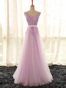 Attractive Lilac V-neck Neckline Appliques Quinceanera Court of Honor Dress Sleeveless Lace Up
