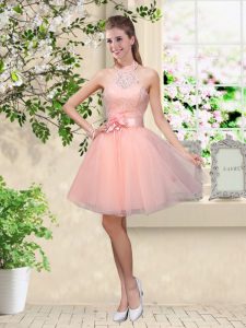 Peach Halter Top Lace Up Lace and Belt Dama Dress Sleeveless