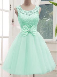Most Popular Apple Green A-line Tulle Scoop Sleeveless Lace and Bowknot Knee Length Lace Up Quinceanera Dama Dress