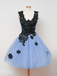 Light Blue Ball Gowns Straps Sleeveless Tulle Knee Length Zipper Lace Quinceanera Court Dresses