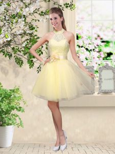 Halter Top Sleeveless Lace Up Quinceanera Court Dresses Light Yellow Tulle