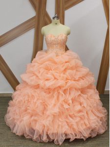 Peach Ball Gowns Sweetheart Sleeveless Organza Sweep Train Lace Up Beading and Ruffles and Pick Ups Sweet 16 Dresses