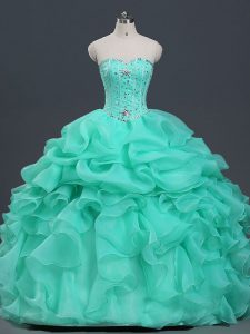 Floor Length Apple Green Ball Gown Prom Dress Organza Sleeveless Beading and Ruffles and Pick Ups