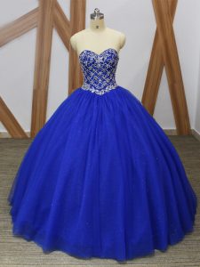 Royal Blue Tulle Lace Up Quinceanera Gown Sleeveless Floor Length Beading