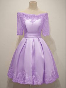 Top Selling Off The Shoulder Short Sleeves Lace Up Quinceanera Dama Dress Lavender Taffeta