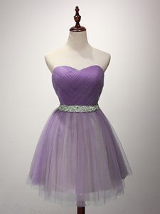Custom Made Lavender Tulle Lace Up Quinceanera Court Dresses Sleeveless Mini Length Ruching