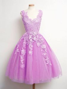 Excellent Sleeveless Tulle Knee Length Lace Up Dama Dress for Quinceanera in Lilac with Lace