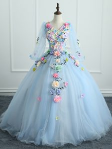 Light Blue Lace Up V-neck Appliques and Hand Made Flower Sweet 16 Quinceanera Dress Tulle Long Sleeves