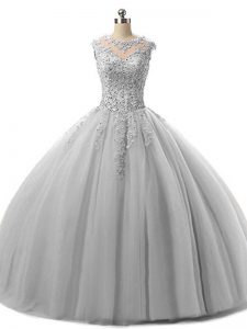 Beading and Lace Quinceanera Dresses Grey Lace Up Sleeveless Floor Length