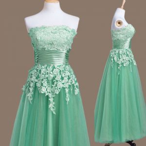 Popular Strapless Sleeveless Tulle Court Dresses for Sweet 16 Appliques Lace Up