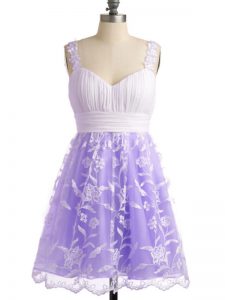 Knee Length Lace Up Quinceanera Court Dresses Lavender for Prom and Party and Wedding Party with Lace