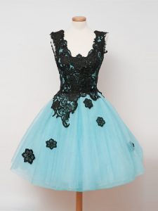 Dramatic Aqua Blue Tulle Zipper Quinceanera Court of Honor Dress Sleeveless Knee Length Lace