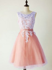 High Quality Peach A-line Lace Quinceanera Court of Honor Dress Lace Up Tulle Sleeveless Knee Length