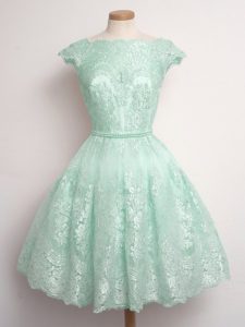 Inexpensive Scalloped Sleeveless Quinceanera Court Dresses Knee Length Lace Apple Green Lace