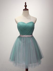 Free and Easy Sleeveless Tulle Mini Length Lace Up Court Dresses for Sweet 16 in Green with Beading and Ruching