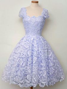 Ideal Knee Length Lavender Quinceanera Court Dresses Straps Cap Sleeves Lace Up