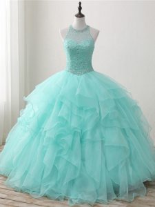Sophisticated Scoop Sleeveless 15 Quinceanera Dress Floor Length Beading and Ruffles Apple Green Organza