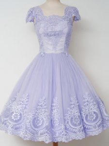 Comfortable Lavender Cap Sleeves Knee Length Lace Zipper Dama Dress for Quinceanera
