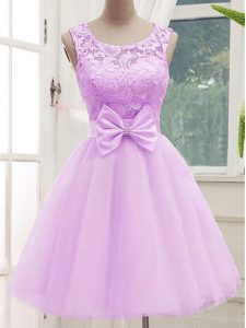 Popular Lilac Sleeveless Knee Length Lace and Bowknot Lace Up Quinceanera Court Dresses