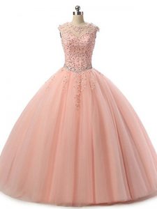 Comfortable Floor Length Lace Up Sweet 16 Dress Peach for Military Ball and Sweet 16 and Quinceanera with Beading and Lace