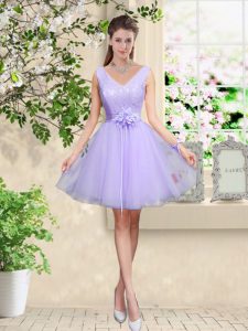 Colorful Lilac Sleeveless Lace and Belt Knee Length Vestidos de Damas