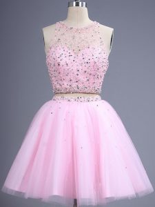 Top Selling Tulle Scoop Sleeveless Zipper Beading and Lace Damas Dress in Pink