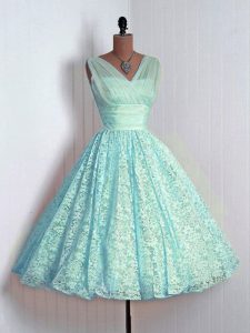 Lovely Aqua Blue Lace Up Dama Dress for Quinceanera Lace Sleeveless Mini Length