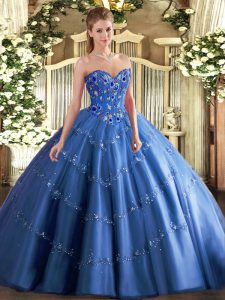 Clearance Blue Sleeveless Tulle Lace Up Ball Gown Prom Dress for Military Ball and Sweet 16 and Quinceanera