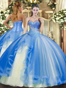 Sleeveless Tulle Floor Length Lace Up 15 Quinceanera Dress in Baby Blue with Beading and Ruffles