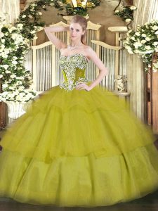 Noble Sleeveless Floor Length Beading and Ruffled Layers Lace Up 15th Birthday Dress with Olive Green