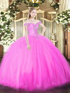Ball Gowns Sweet 16 Quinceanera Dress Fuchsia Off The Shoulder Tulle Sleeveless Floor Length Lace Up