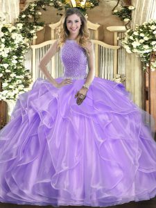Suitable Lavender Ball Gowns High-neck Sleeveless Organza Floor Length Lace Up Beading and Ruffles Quince Ball Gowns