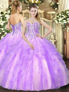 Discount Lavender Ball Gowns Beading and Ruffles Ball Gown Prom Dress Lace Up Tulle Sleeveless Floor Length