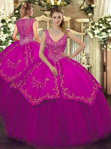Fine Fuchsia Ball Gowns Taffeta and Tulle V-neck Sleeveless Beading and Embroidery Floor Length Zipper Quinceanera Gowns