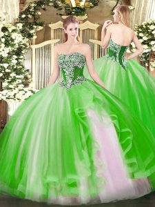 Pretty Strapless Sleeveless Tulle Quinceanera Gown Beading and Ruffles Lace Up