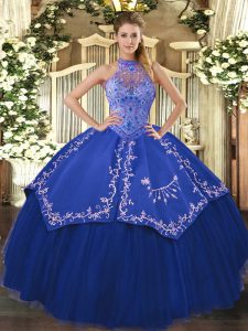 Luxury Blue Sleeveless Floor Length Beading and Embroidery Lace Up 15th Birthday Dress