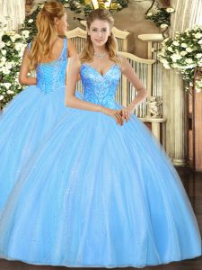 On Sale Aqua Blue Tulle Lace Up Party Dress for Toddlers Sleeveless Floor Length Beading