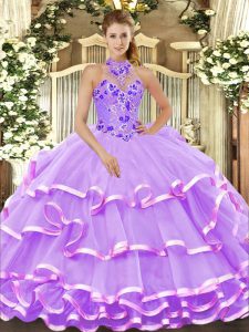 Lavender Ball Gown Prom Dress Military Ball and Sweet 16 and Quinceanera with Beading and Embroidery and Ruffled Layers Halter Top Sleeveless Lace Up