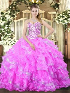 Exquisite Sleeveless Floor Length Beading and Ruffled Layers Lace Up Sweet 16 Dresses with Lilac